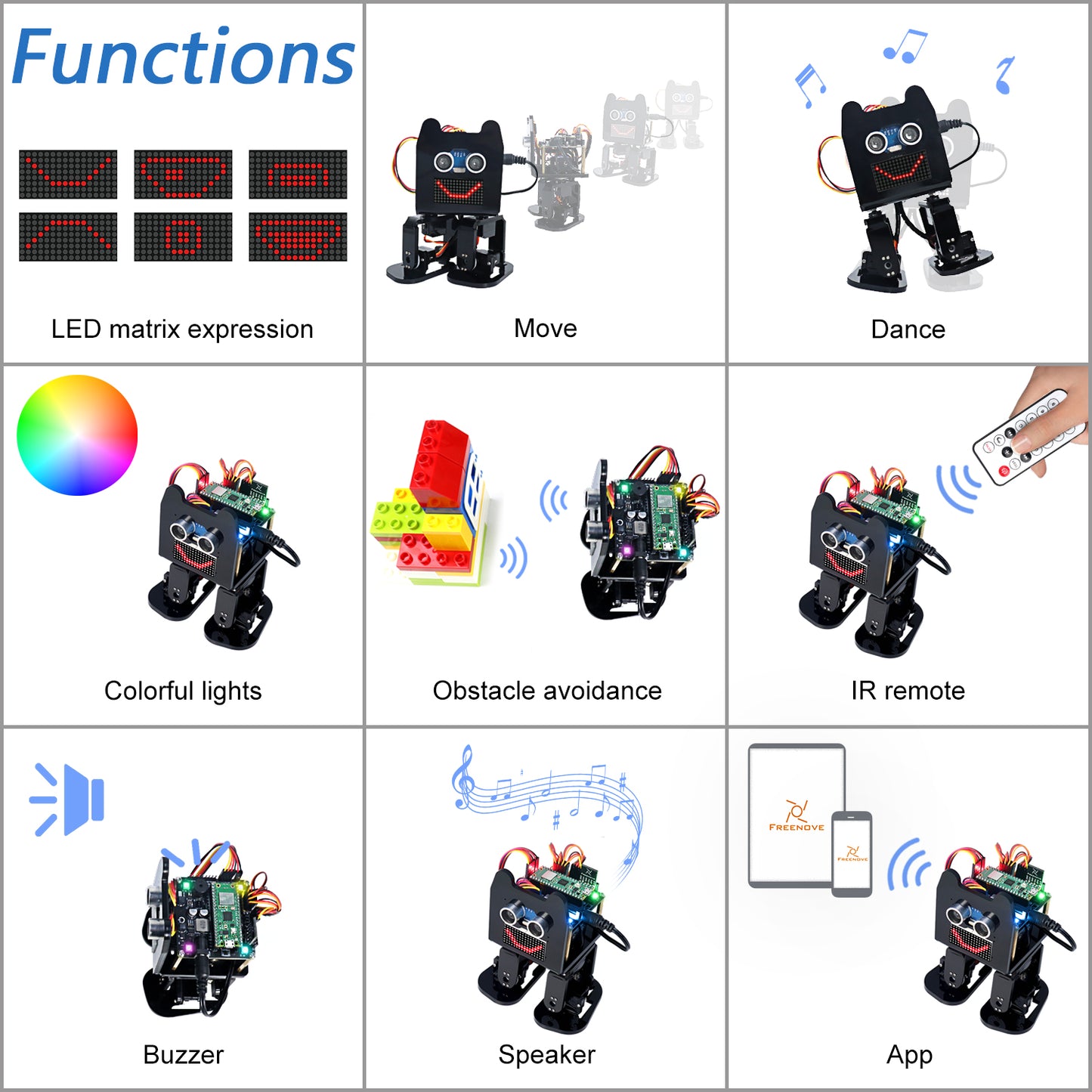 Freenove Bipedal Robot Kit for Raspberry Pi Pico W H WH, LED Matrix Expressions, Obstacle Avoidance, Colorful Lights, Buzzer, Speaker, App
