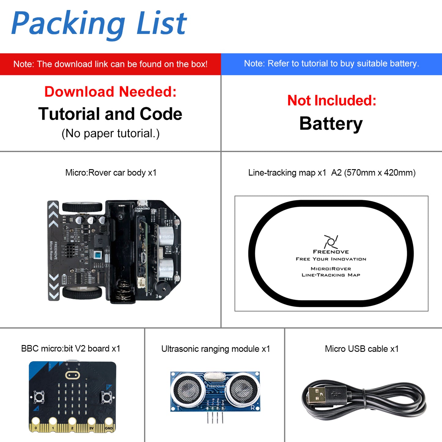 Freenove Micro:Rover Kit for BBC micro:bit V2, Obstacle Avoidance, Light-tracing, Line-tracking, Remote Control, Playing Melody, Colorful Lights, Example Projects, Blocks and Python Code