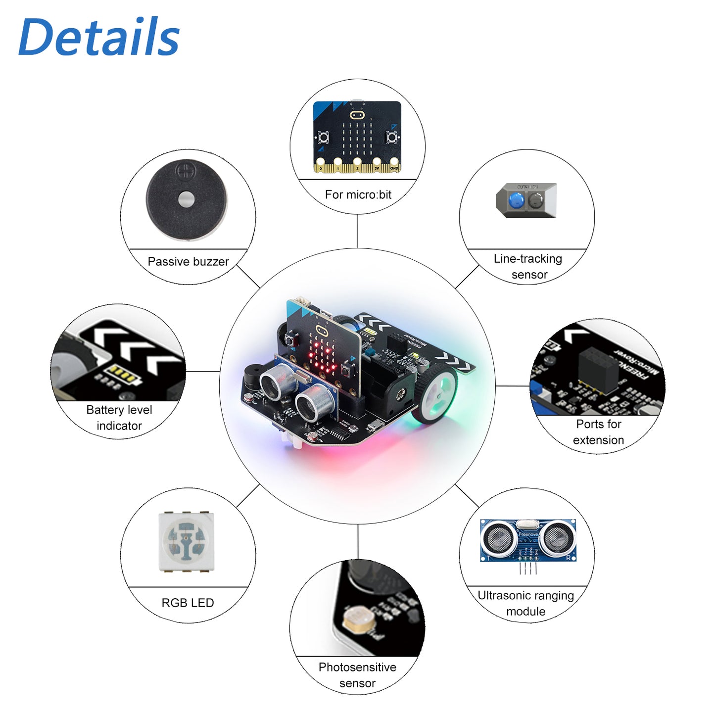 Freenove Micro:Rover Kit for BBC micro:bit V2, Obstacle Avoidance, Light-tracing, Line-tracking, Remote Control, Playing Melody, Colorful Lights, Example Projects, Blocks and Python Code