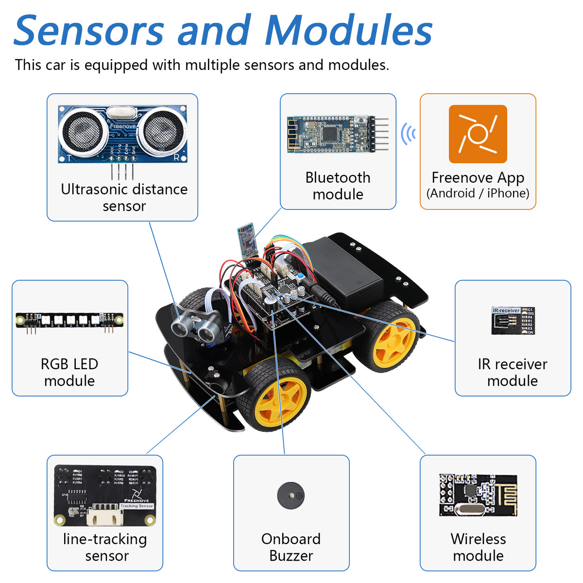 Freenove 4WD Car Kit (Compatible with Arduino IDE), Line Tracking, Obstacle Avoidance, Wireless Control App, Ultrasonic Sensor Motor Servo