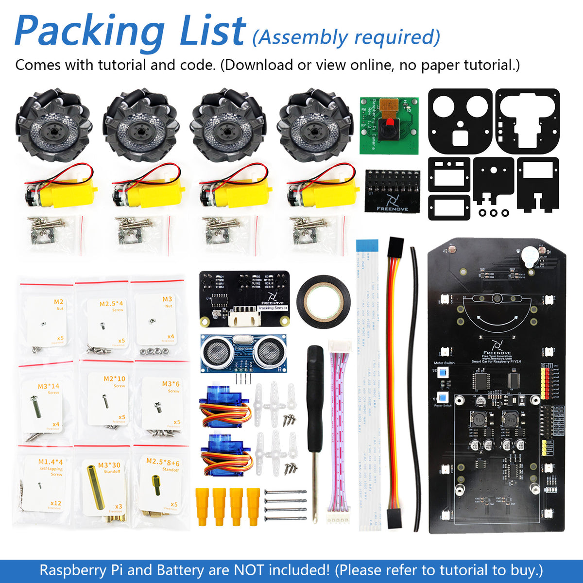 Freenove Mecanum Wheel Car Kit for Raspberry Pi 5 4 Zero 2 W, Face Tracking, Line Tracking, Light Tracing, Obstacle Avoidance, App Control, Camera, Servo