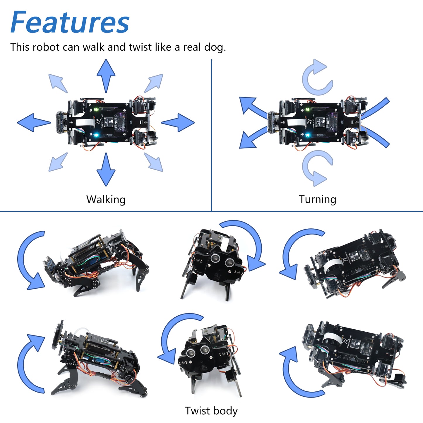 Freenove Robot Dog Kit for ESP32 CAM Camera Wi-Fi Bluetooth, Dual-core 32-bit 240 MHz Microcontroller, Walking, Touch Sensor, Ultrasonic Ranging, Buzzer, RGB LED, Servo, App