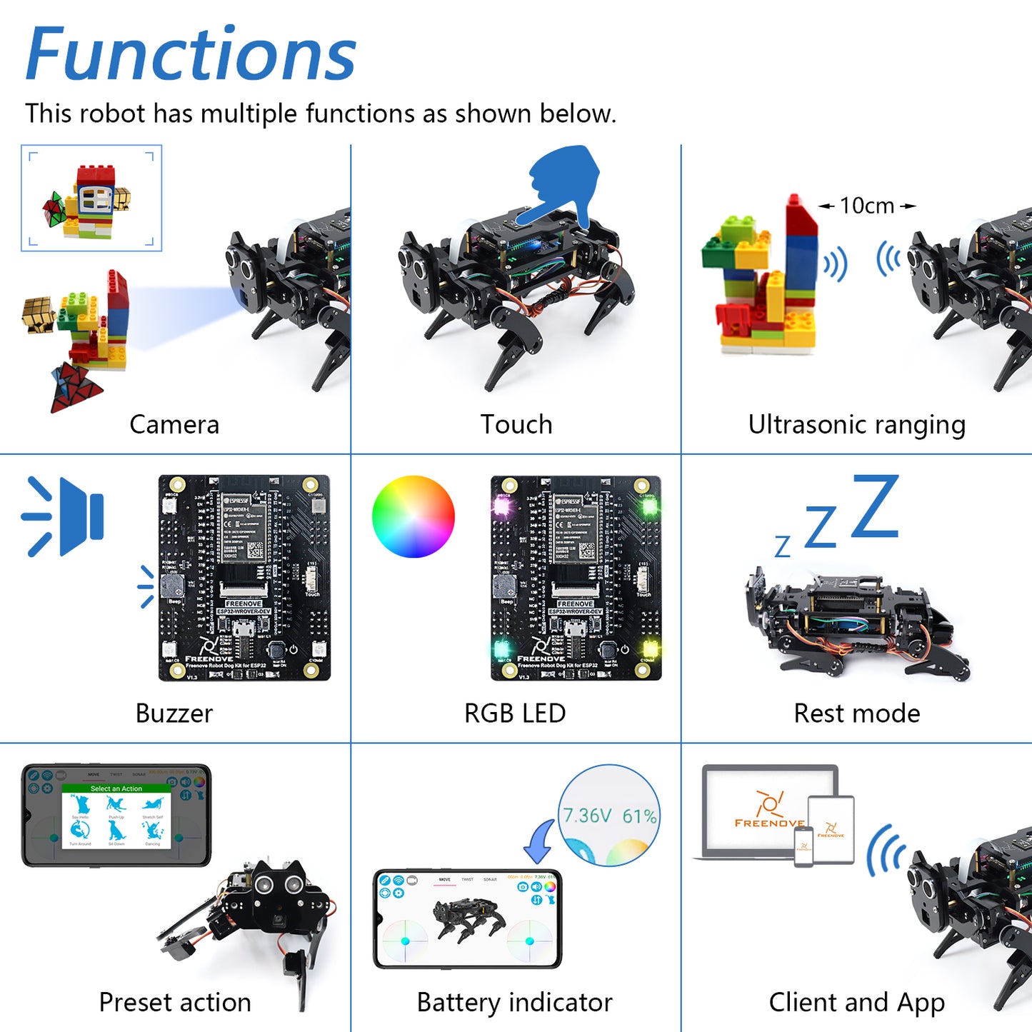 Freenove Robot Dog Kit for ESP32 CAM Camera Wi-Fi Bluetooth, Dual-core 32-bit 240 MHz Microcontroller, Walking, Touch Sensor, Ultrasonic Ranging, Buzzer, RGB LED, Servo, App