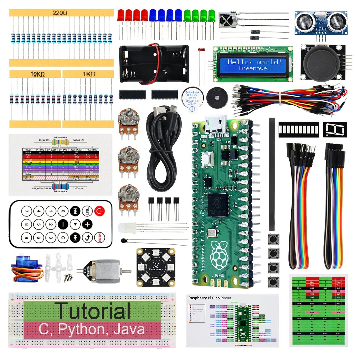 Freenove Super Starter Kit for Raspberry Pi Pico 1 2 W H WH, 588-Page Detailed Tutorial, 175 Items, 94 Projects, Python C Java Code