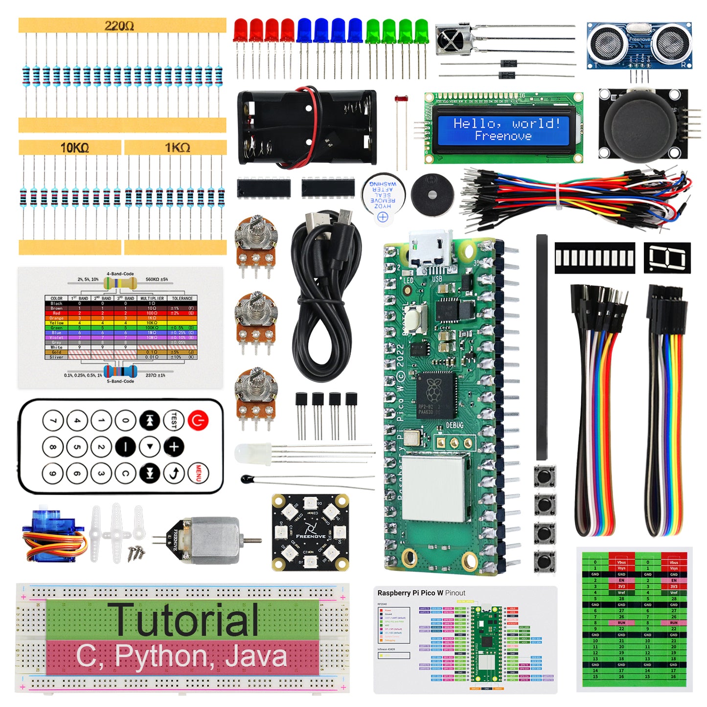 Freenove Super Starter Kit for Raspberry Pi Pico 1 2 W H WH, 588-Page Detailed Tutorial, 175 Items, 94 Projects, Python C Java Code
