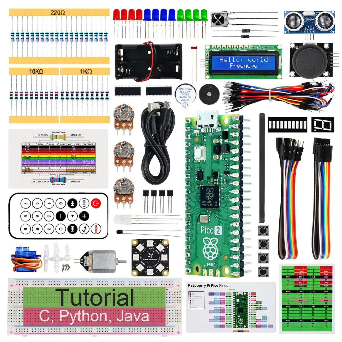 Freenove Super Starter Kit for Raspberry Pi Pico 1 2 W H WH, 588-Page Detailed Tutorial, 175 Items, 94 Projects, Python C Java Code
