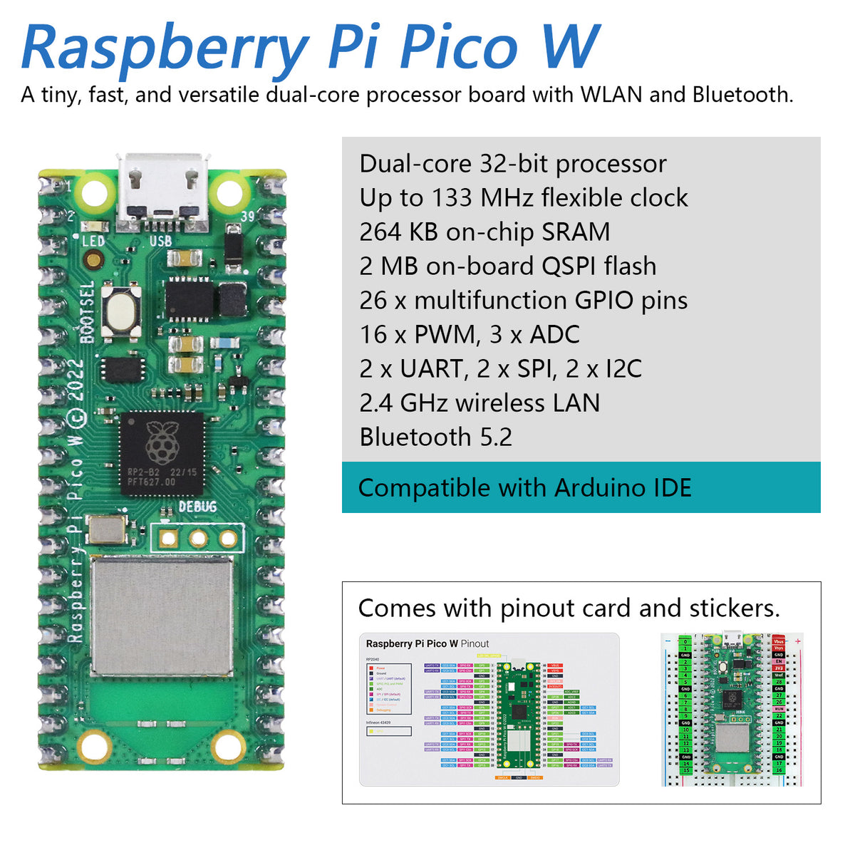 Freenove Raspberry Pi Pico W H WH Board Pre-Soldered Header, Dual-core 32-bit 133 MHz Processor Development Board, Python C Java Code, Example Projects Tutorial