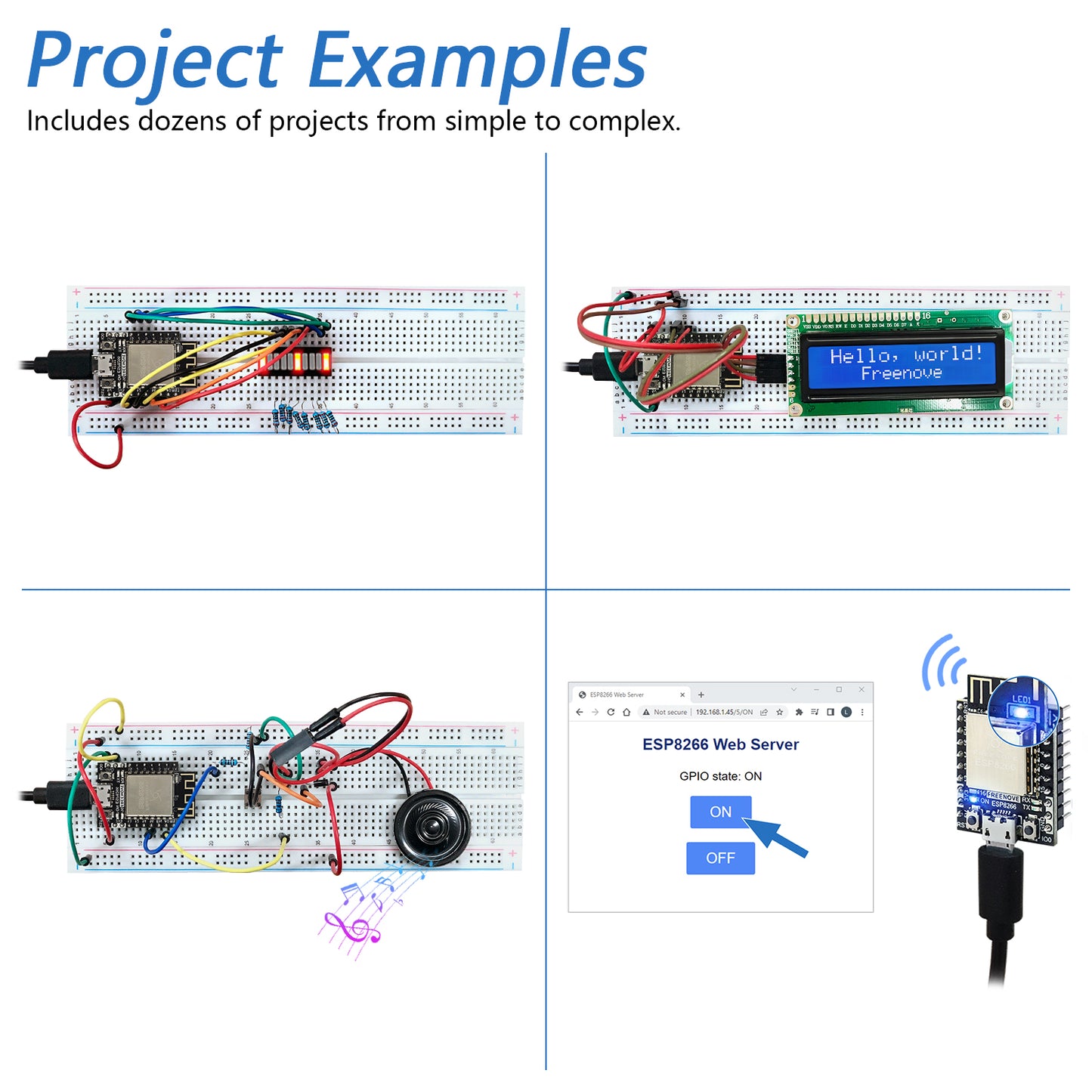 Freenove Ultimate Starter Kit for ESP8266 Wi-Fi, 32-bit 160 MHz Mini Microcontroller, Python C Java, 715-Page Detailed Tutorial, 218 Items, 109 Projects