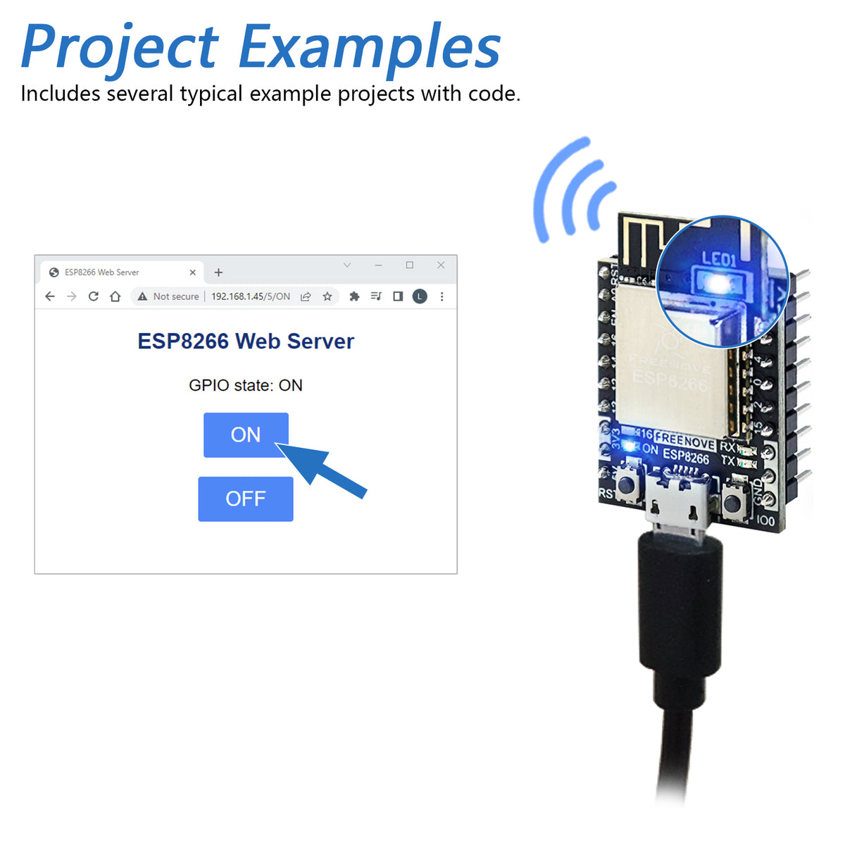 Freenove ESP8266 Wi-Fi Development Board, 32-bit 160 MHz Mini Microcontroller, Python C Code, Example Projects Tutorial