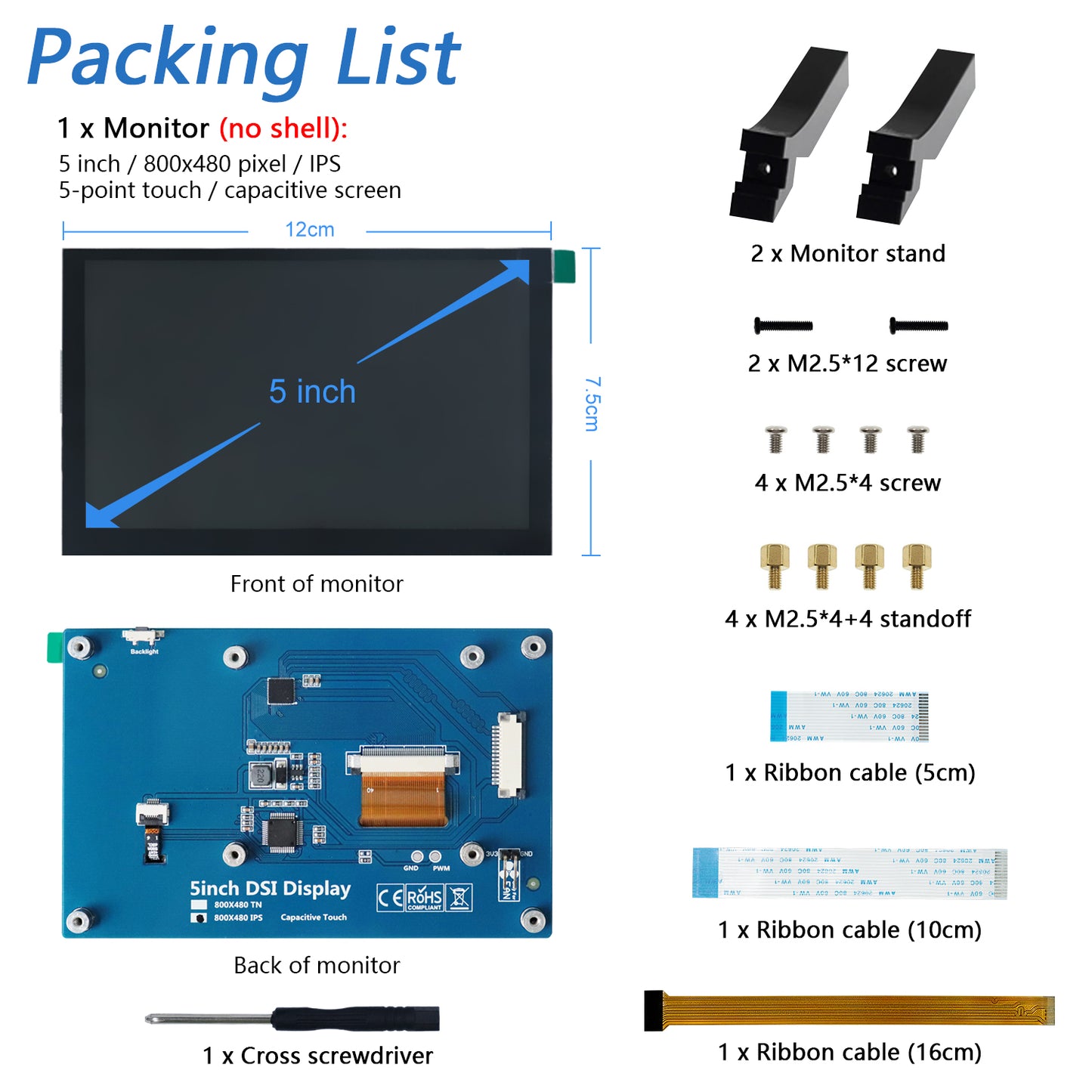 Freenove 5 / 7 Inch Touchscreen Monitor for Raspberry Pi 5 4 B 3 B+ A+, 800x480 Pixel IPS / TN Display, 5-Point Touch Capacitive Screen, Driver-Free MIPI DSI Port