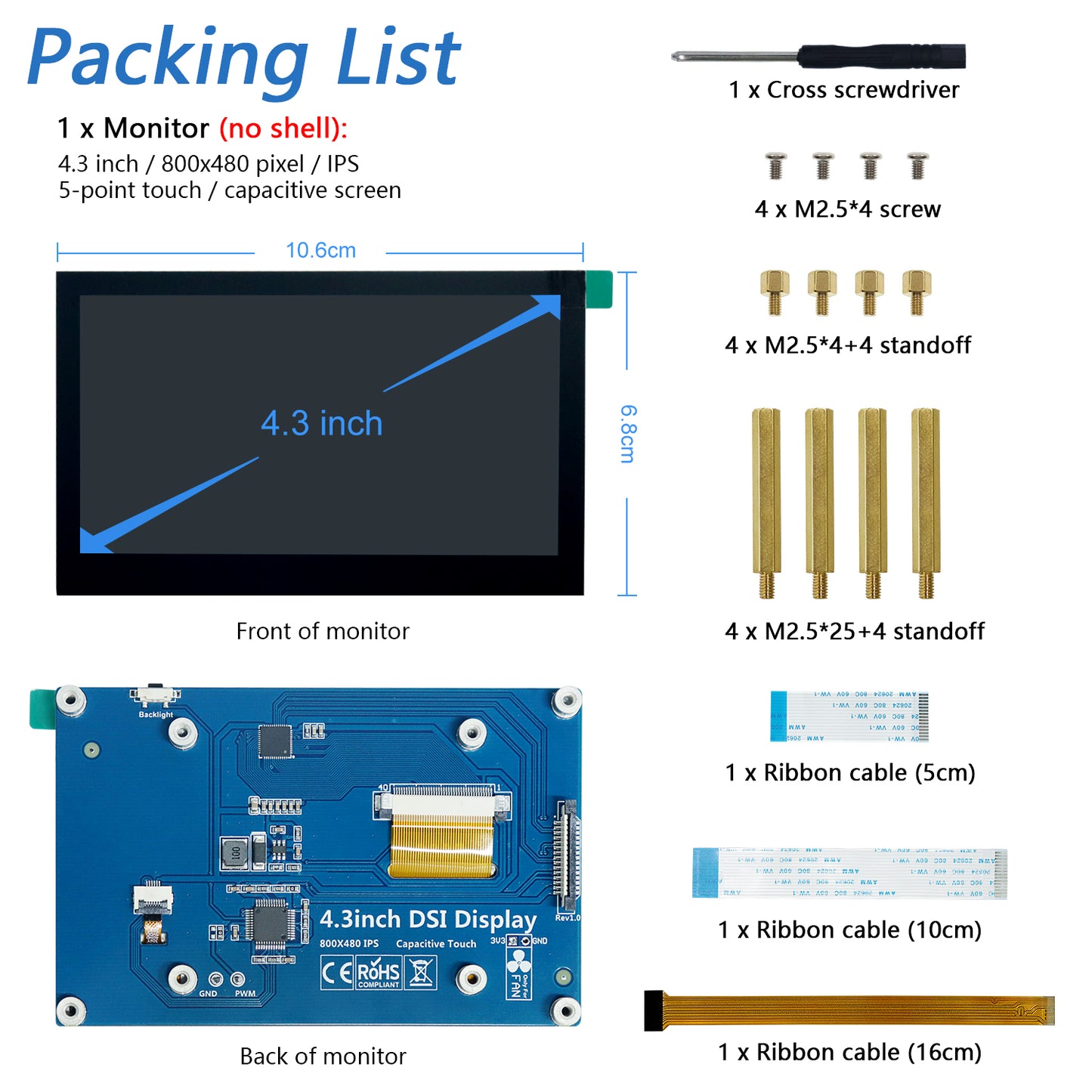 Freenove 4.3 Inch Touchscreen Monitor for Raspberry Pi 5 4 B 3 B+ A+, 800x480 Pixel IPS Display, 5-Point Touch Capacitive Screen, Driver-Free MIPI DSI Port