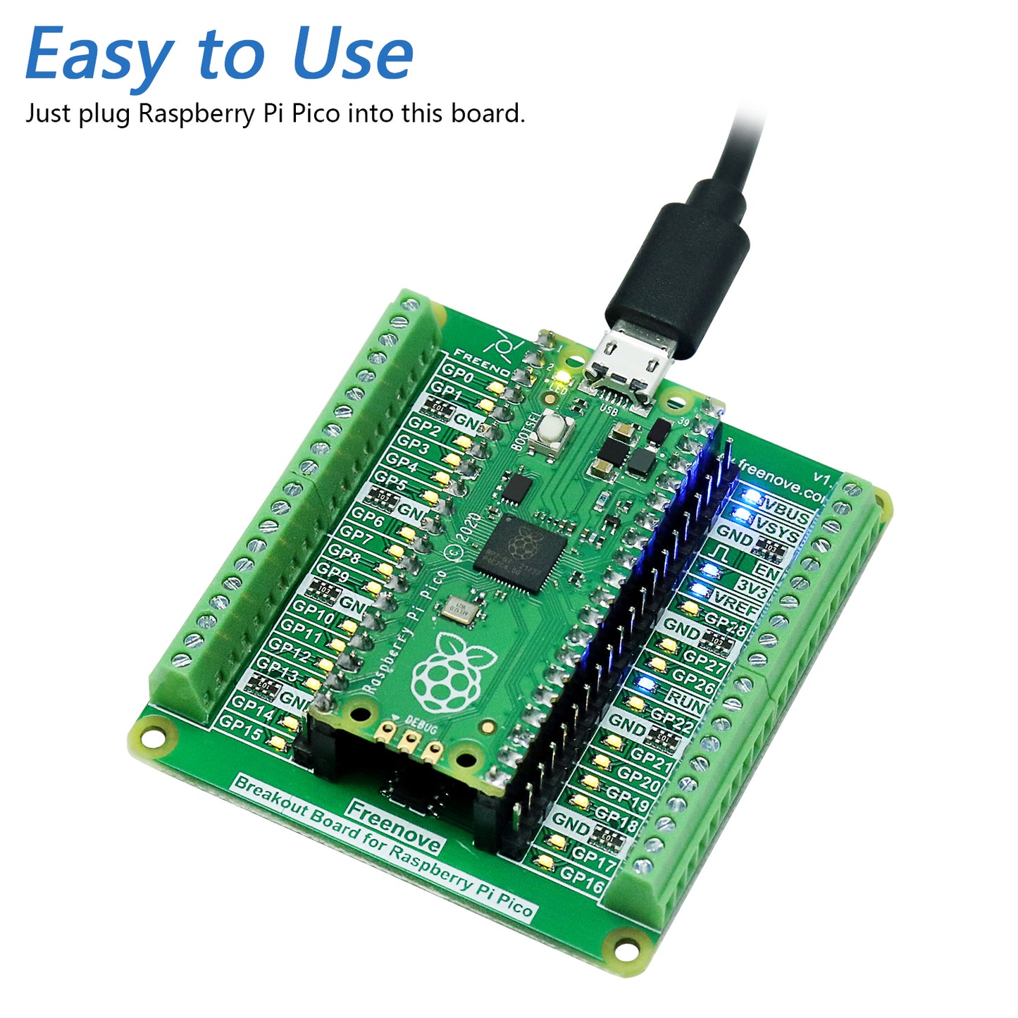 Freenove Breakout Board for Raspberry Pi Pico 1 2 W H WH, Terminal Block Shield HAT with Pin Header, GPIO Status LED