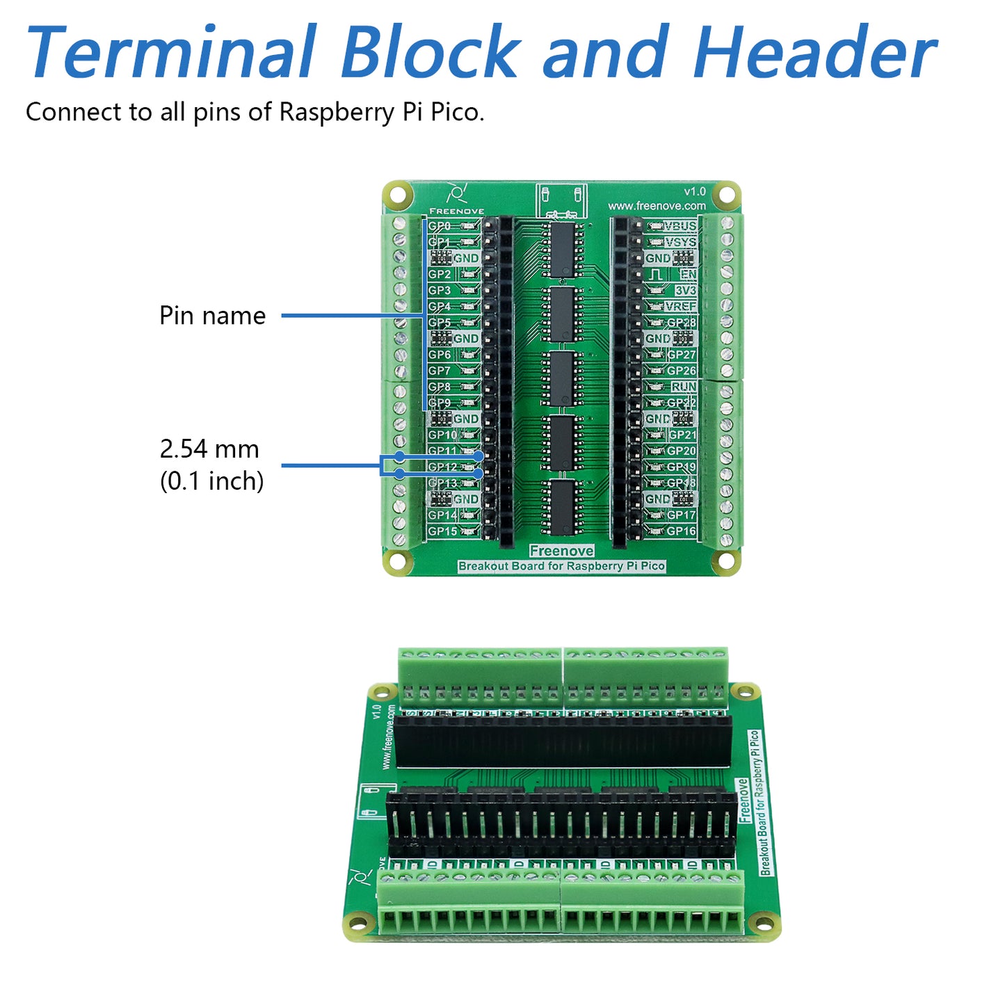 Freenove Breakout Board for Raspberry Pi Pico 1 2 W H WH, Terminal Block Shield HAT with Pin Header, GPIO Status LED