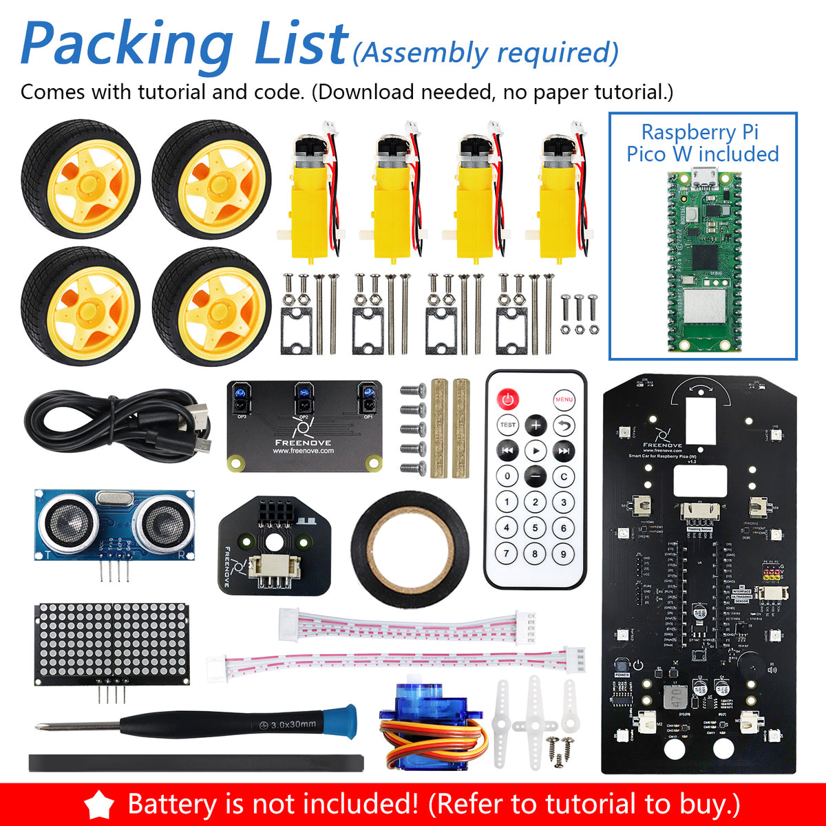 Freenove 4WD Car Kit for Raspberry Pi Pico W H WH, Dot Matrix Expressions, Obstacle Avoidance, Line Tracking, Light Tracing, Colorful Light, App