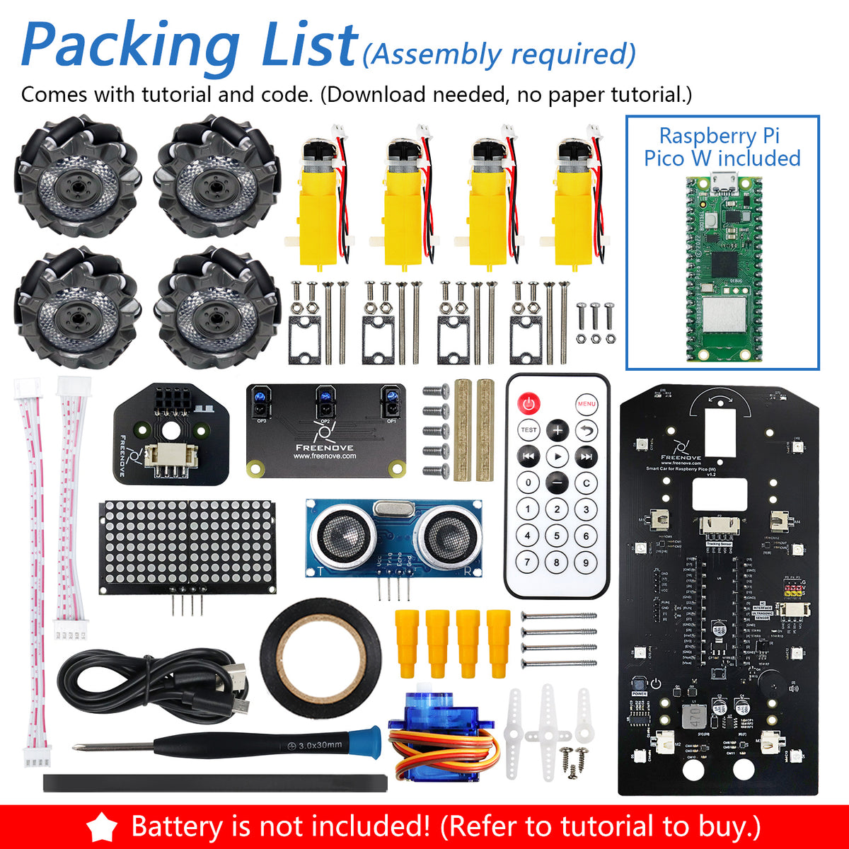 Freenove Mecanum Wheel Car Kit for Raspberry Pi Pico W H WH, Dot Matrix Expressions, Obstacle Avoidance, Line Tracking, Light Tracing, Colorful Light, App