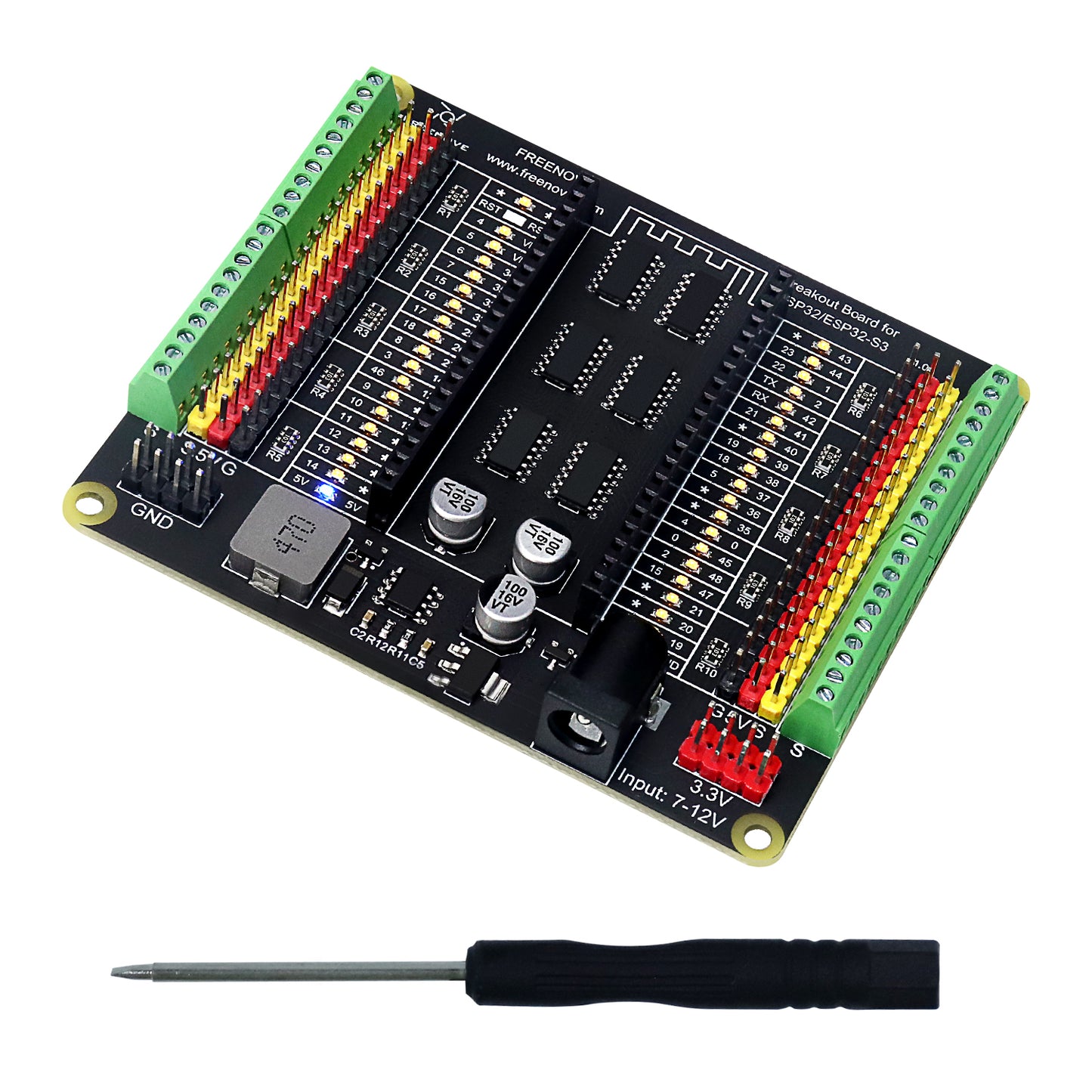 Freenove Breakout Board for ESP32 / ESP32-S3 WROVER WROOM, Terminal Block Shield HAT with Pin Header, 5V 3.3V Power Outputs, GPIO Status LED