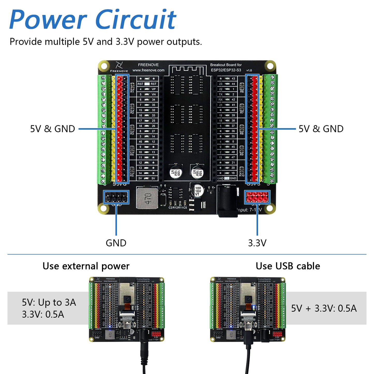 Freenove Breakout Board for ESP32 / ESP32-S3 WROVER WROOM, Terminal Block Shield HAT with Pin Header, 5V 3.3V Power Outputs, GPIO Status LED