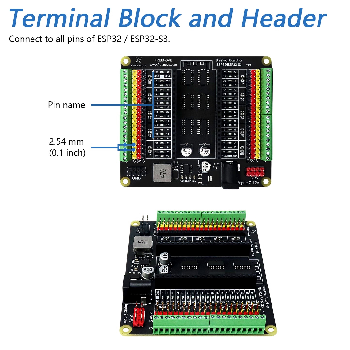 Freenove Breakout Board for ESP32 / ESP32-S3 WROVER WROOM, Terminal Block Shield HAT with Pin Header, 5V 3.3V Power Outputs, GPIO Status LED