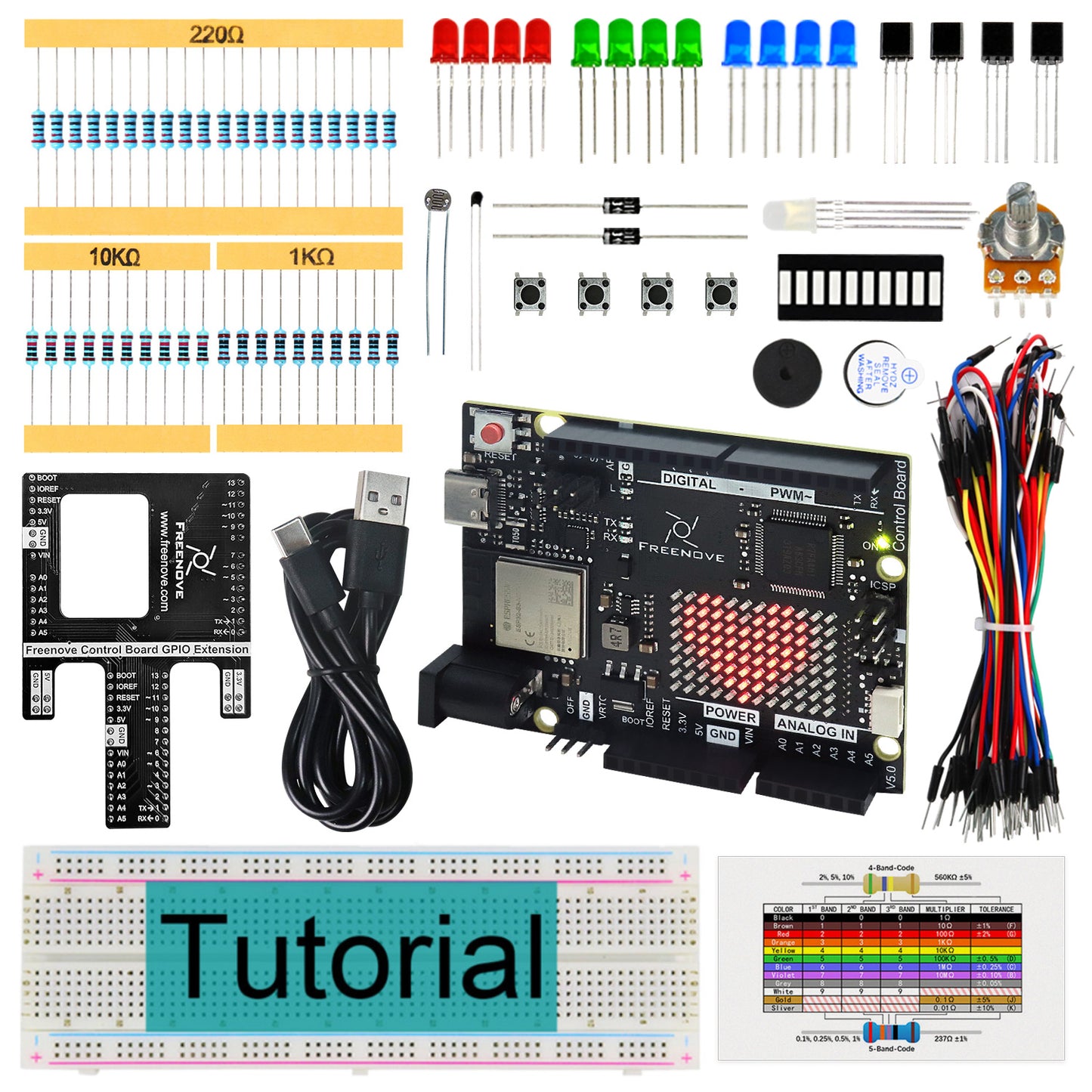 Freenove Basic Starter Kit (Compatible with Arduino UNO R4 WiFi Mini), Arm Cortex-M4 Microcontroller, Onboard ESP32-S3, 179-Page Detailed Tutorial, 140 Items, 34 Projects