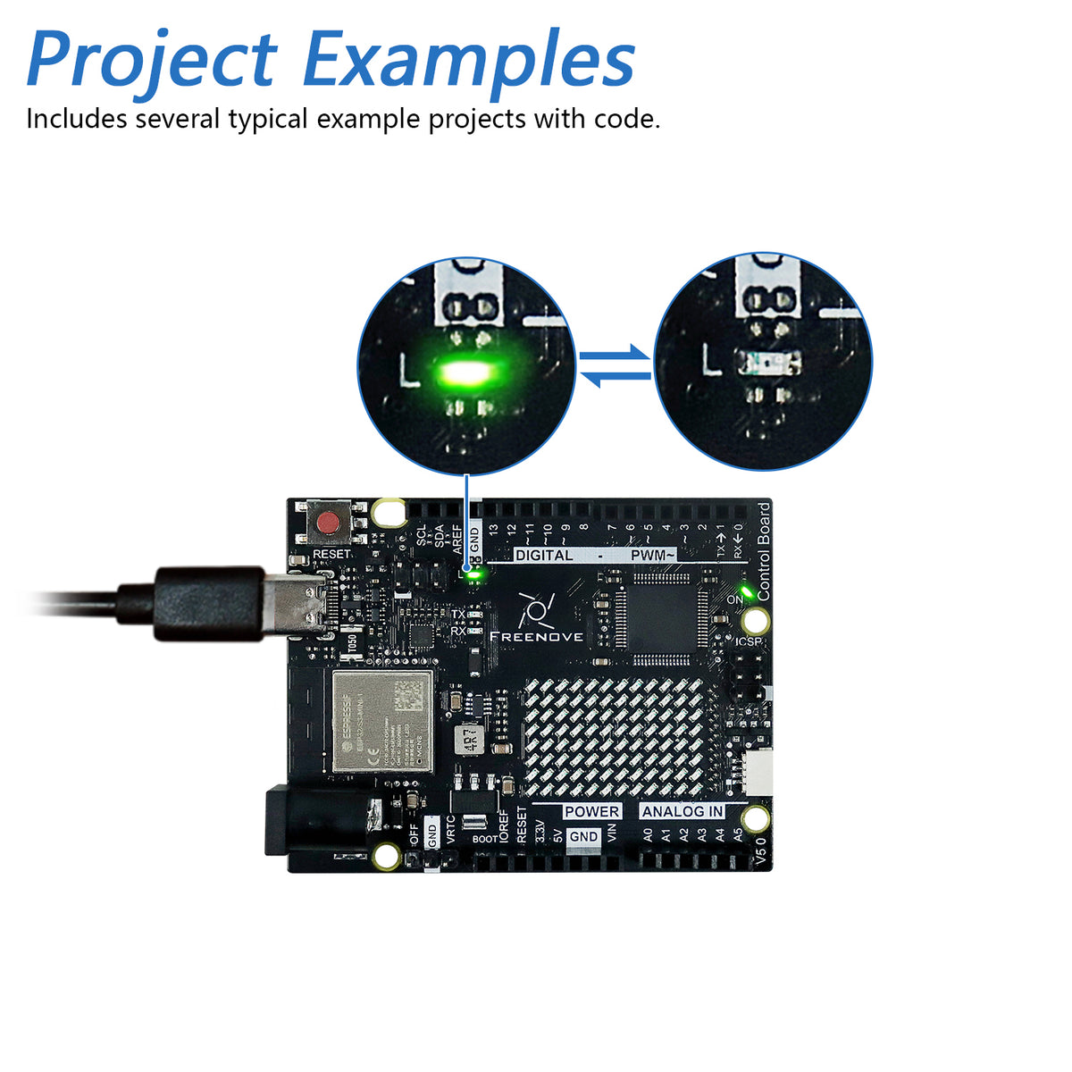 Freenove Control Board V5 (Compatible with Arduino UNO R4 WiFi Mini), Arm Cortex-M4 Microcontroller, Onboard ESP32-S3, LED matrix, USB-C Connector, Example Projects and Code Tutorial