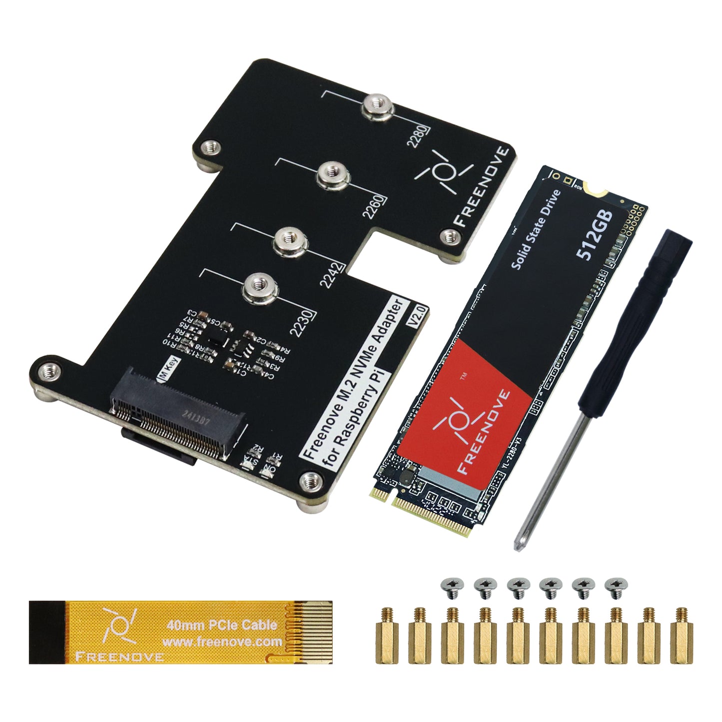 Freenove M.2 NVMe Adapter V2 for Raspberry Pi 5 with 128GB 256GB 512GB SSD, M.2 HAT Add-on Board, Solid State Drive, PCIe 2.0 / 3.0 Tested Speed 800 MB/s
