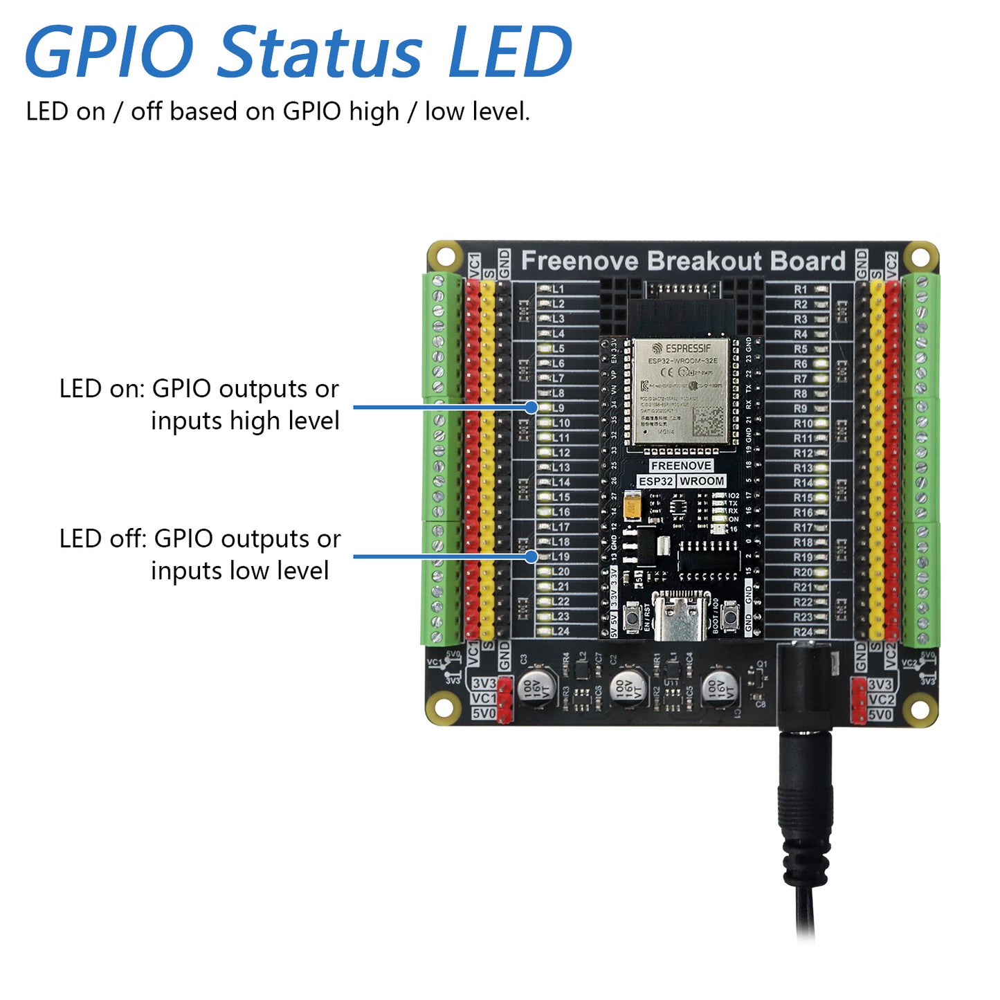 Freenove Breakout Board for Arduino Nano Micro Raspberry Pi Pico 1 2 W ESP32 ESP8266, Terminal Block Shield HAT with Pin Header, GPIO Status LED, 5 V 3.3 V
