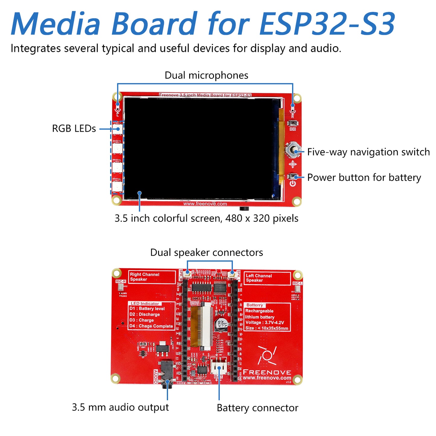 Freenove Media Kit for ESP32-S3 ESP32 S3 CAM Camera Wi-Fi Bluetooth, OpenAI / XiaoZhiAI, Dual-core 32-bit 240 MHz Microcontroller, Screen Dual Speakers Dual Microphones, Tutorial Code