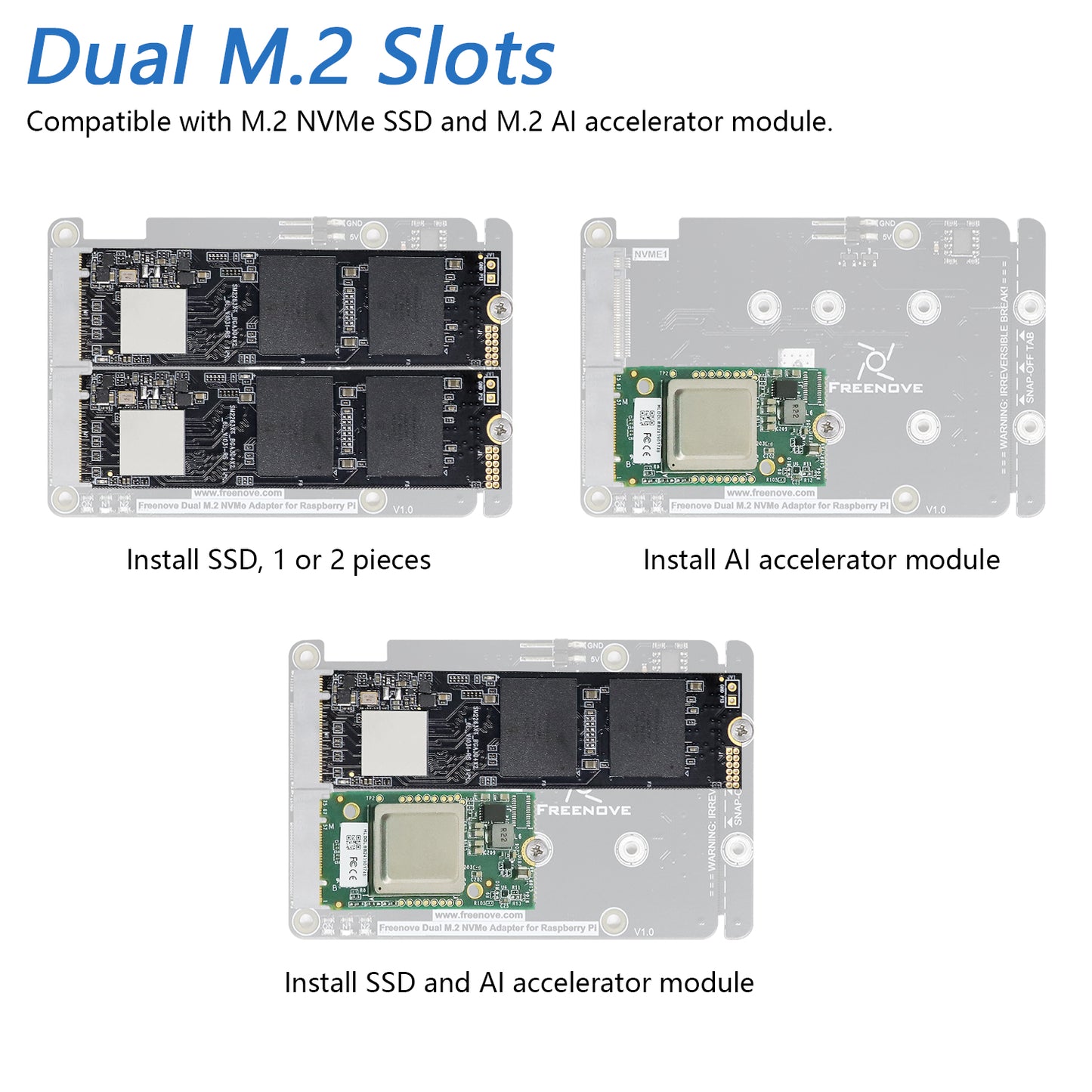 Freenove Quad / Dual M.2 NVMe Adapter for Raspberry Pi 5, SSD HAT AI HAT 4 / 2 Slots NAS RAID Kit, Solid State Drive Size 2230 2242 2260 2280, PCIe 2.0 Max Speed 500 MB/s