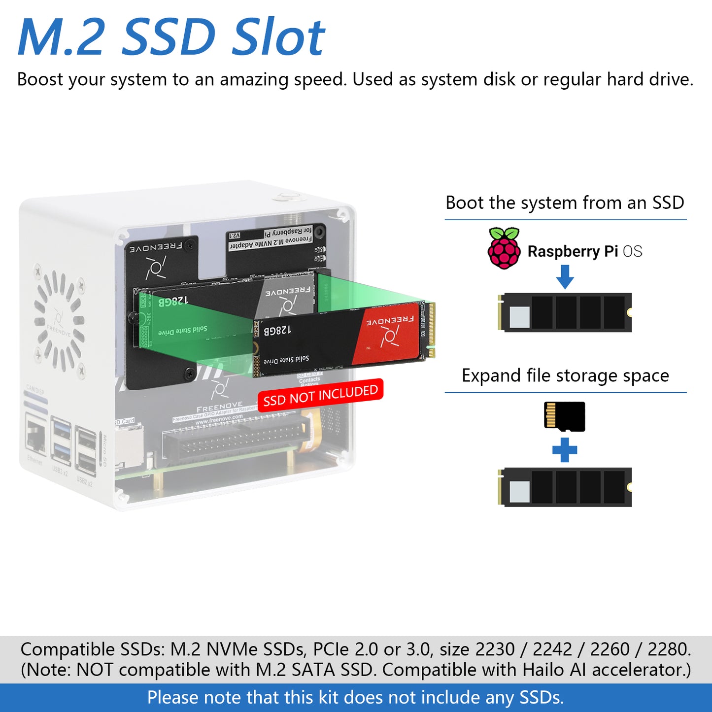 Freenove Raspberry Pi 5 Case Mini, 1/2 M.2 NVMe SSD Slots, PWM ARGB Fans Light Sync, Tower Cooler, Power Button, Setup Software
