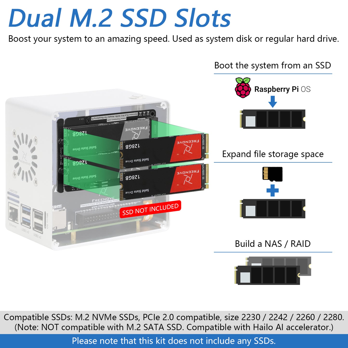 Freenove Raspberry Pi 5 Case Mini, 1/2 M.2 NVMe SSD Slots, PWM ARGB Fans Light Sync, Tower Cooler, Power Button, Setup Software