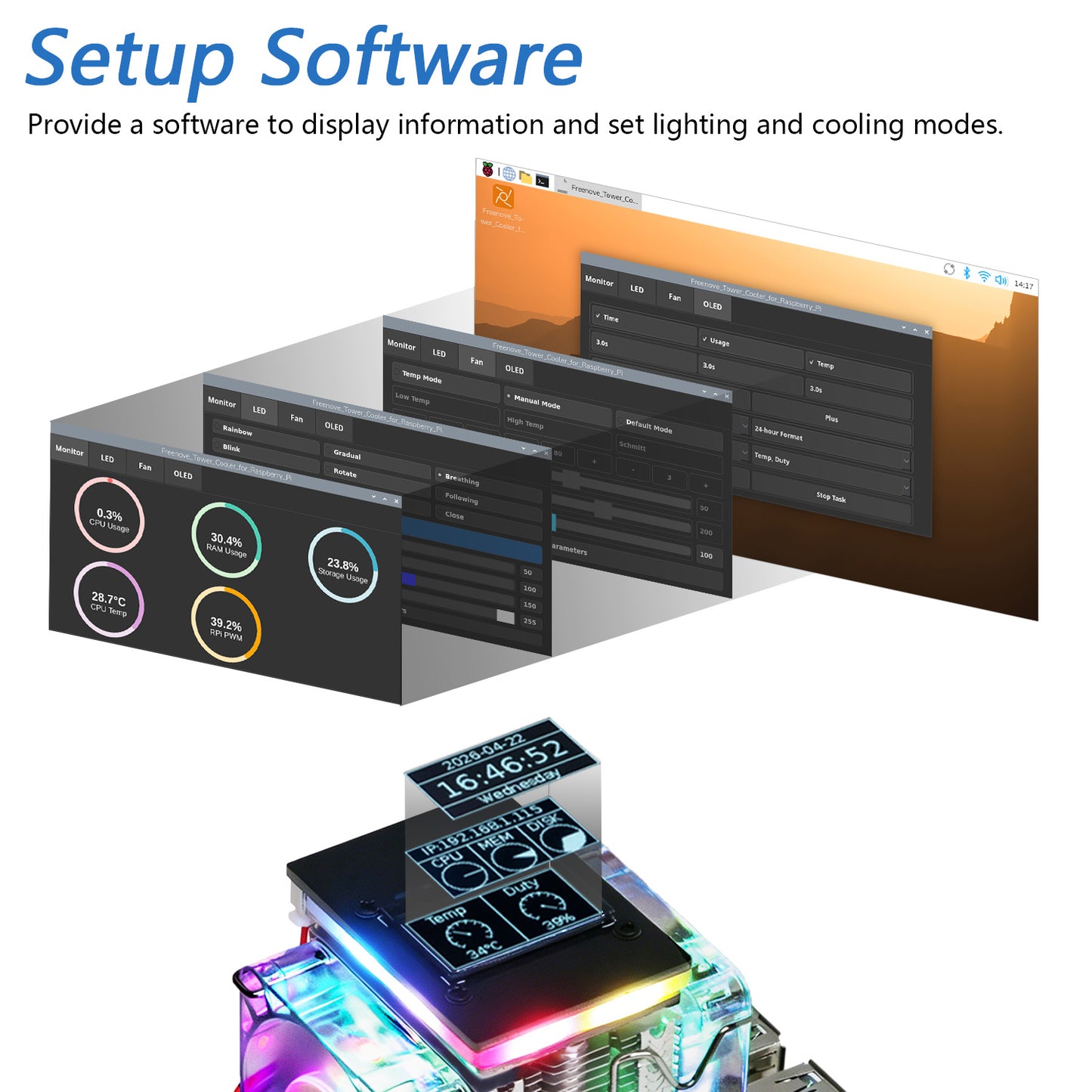 Freenove Active Cooler for Raspberry Pi 5 Heatsink, 1 / 2 PWM Fans ARGB Light Sync, OLED Screen, Multiple Cooling Lighting Modes