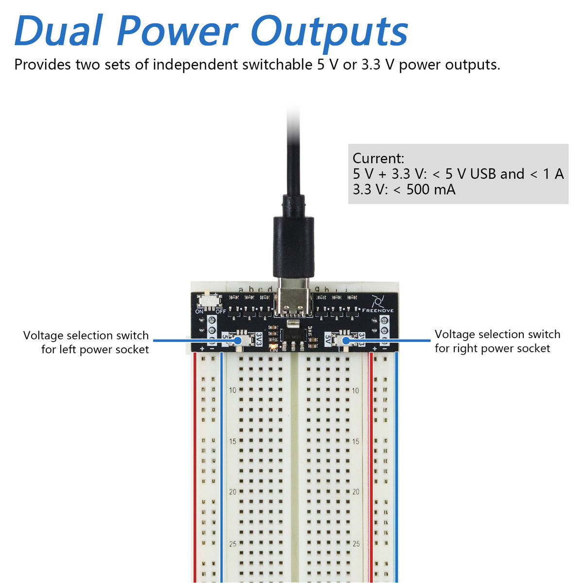 Freenove Breadboard Power Supply for Arduino ESP32 Raspberry Pi Pico, Dual Switchable 5V / 3.3V Power Outputs, 1A Self-recovery Fuse, USB-C Input