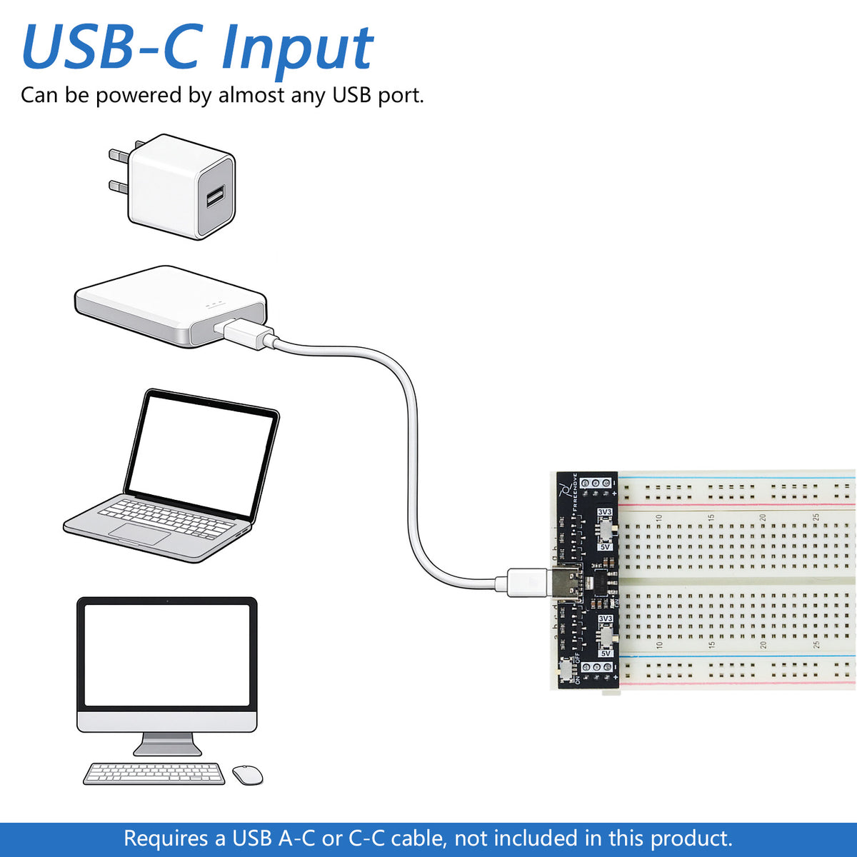 Freenove Breadboard Power Supply for Arduino ESP32 Raspberry Pi Pico, Dual Switchable 5V / 3.3V Power Outputs, 1A Self-recovery Fuse, USB-C Input
