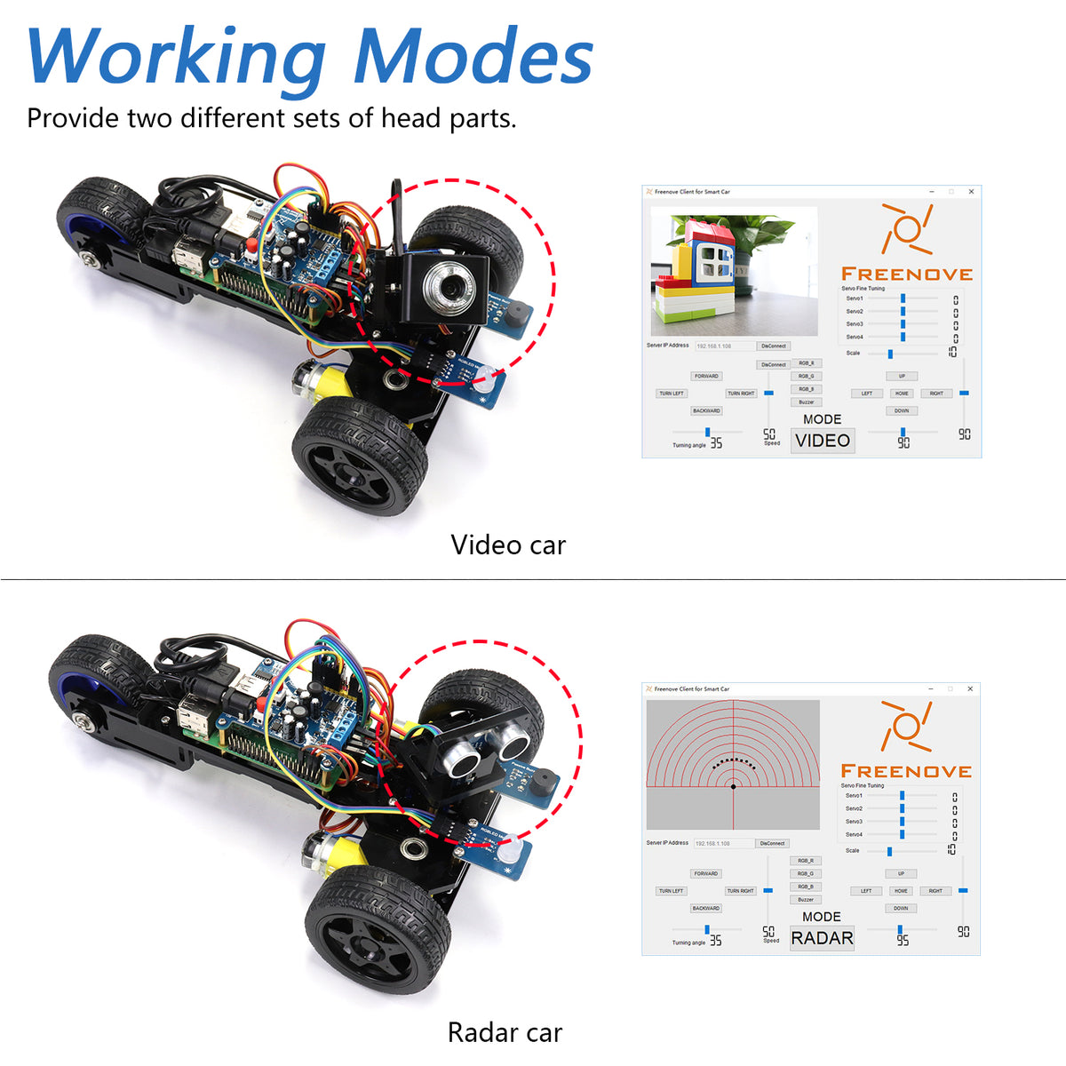 Freenove 3WD Robot Car Kit for Raspberry Pi 5 4 B, 2 Modes Video Mode Radar Mode, App Control, Ultrasonic Distance Sensor, Camera, Servo