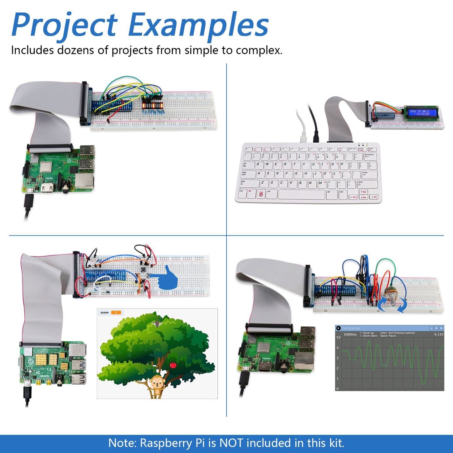 Freenove LCD Starter Kit for Raspberry Pi 5 4 B 3 B+ Zero 2 W, 535-Page Tutorial, 69 Projects, 151 Items, Python C Java Scratch Processing Code