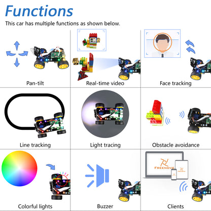 Freenove 4WD Robot Car Kit for Raspberry Pi 5 4 Zero 2 W, Face Tracking, Line Tracking, Light Tracing, Obstacle Avoidance, App Control, Camera, Servo