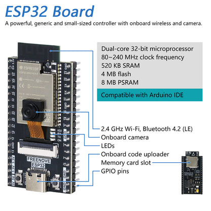 Freenove ESP32 DEV CAM Kit Ultimate Starter Kit, Onboard Camera Wi-Fi Bluetooth, 240 MHz 32-bit Dual-core, Python C Java Code, 795-Page Tutorial, 122 Projects, 242 Items