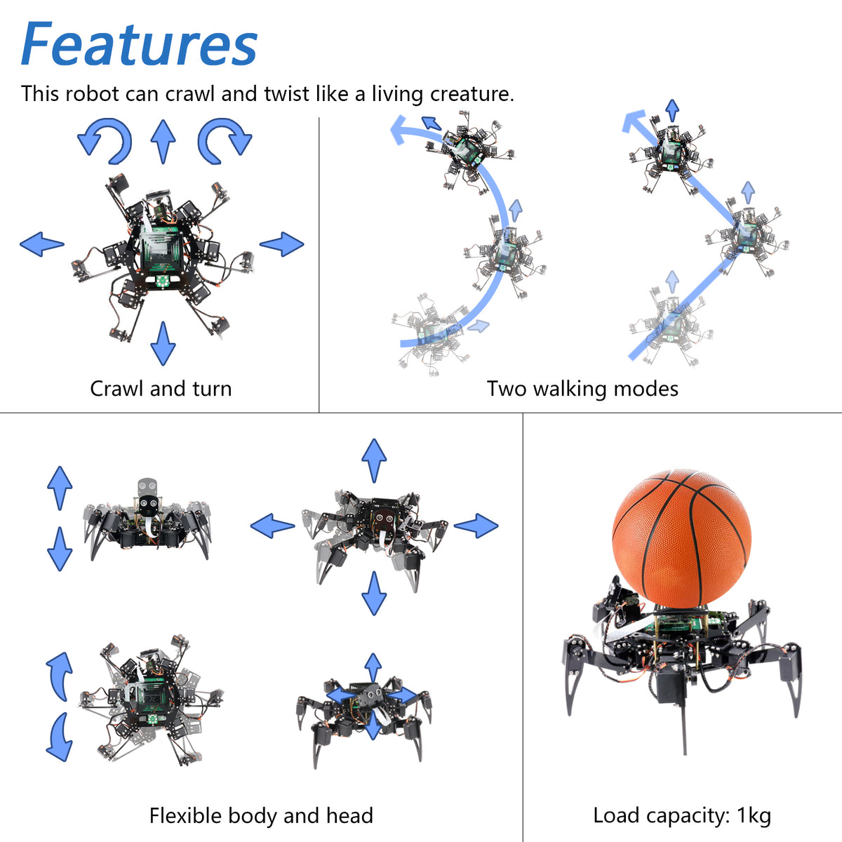 Freenove Big Hexapod Robot Kit for Raspberry Pi 5 4 Zero 2 W, Walking, Self Balancing, Face Recognition, Ultrasonic Ranging, App Control, Camera, Servo