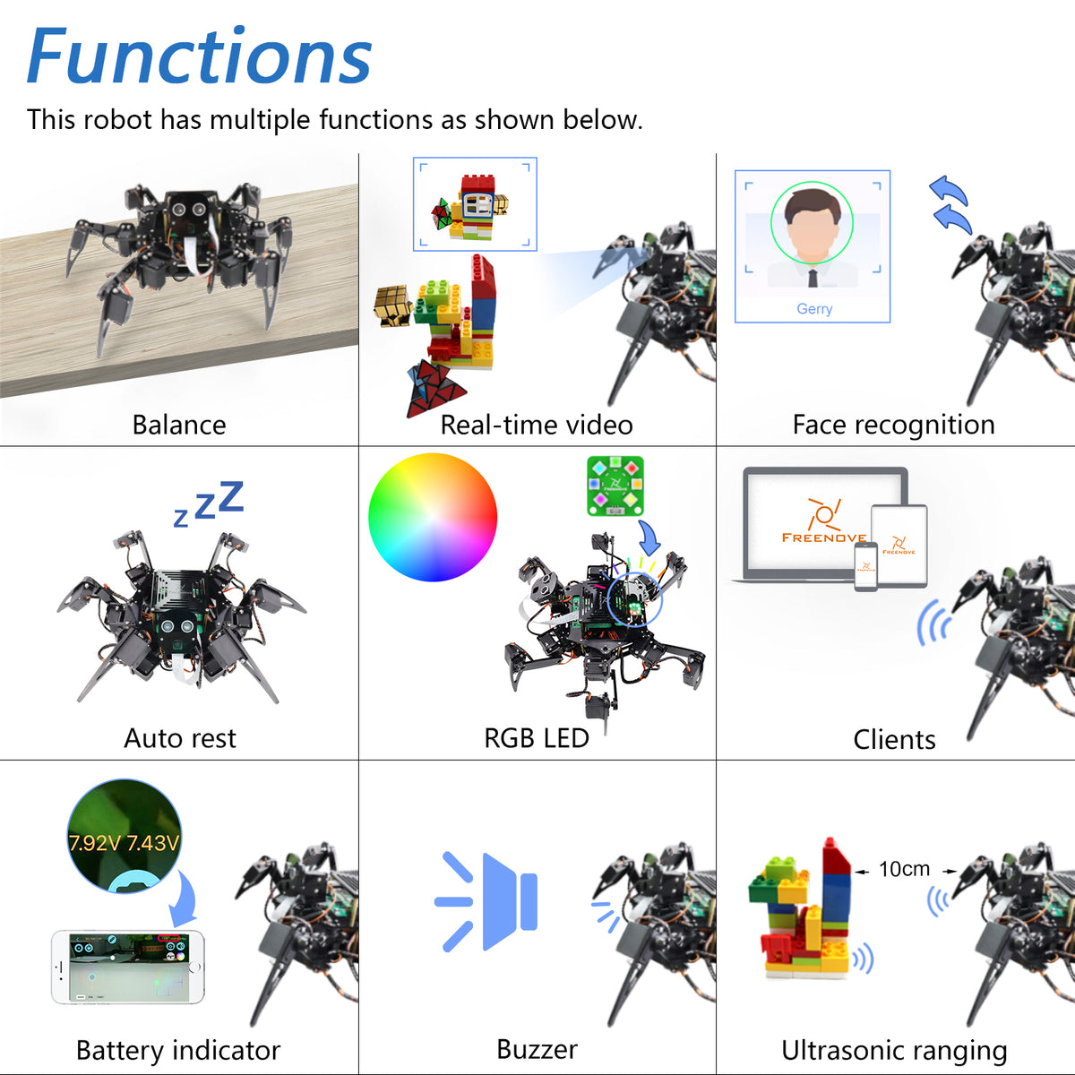 Freenove Big Hexapod Robot Kit for Raspberry Pi 5 4 Zero 2 W, Walking, Self Balancing, Face Recognition, Ultrasonic Ranging, App Control, Camera, Servo