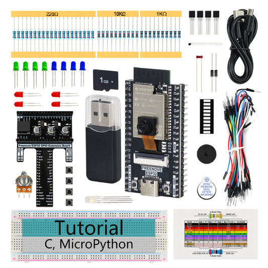 Freenove ESP32 DEV CAM Kit Basic Starter Kit, Onboard Camera Wi-Fi Bluetooth, 240 MHz 32-bit Dual-core, Python C Code, 400-Page Detailed Tutorial, 58 Projects, 143 Items
