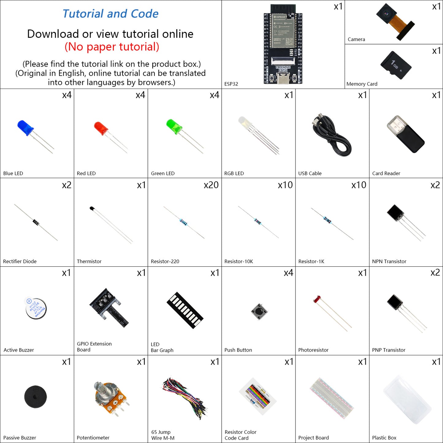 Freenove ESP32 DEV CAM Kit Basic Starter Kit, Onboard Camera Wi-Fi Bluetooth, 240 MHz 32-bit Dual-core, Python C Code, 400-Page Detailed Tutorial, 58 Projects, 143 Items