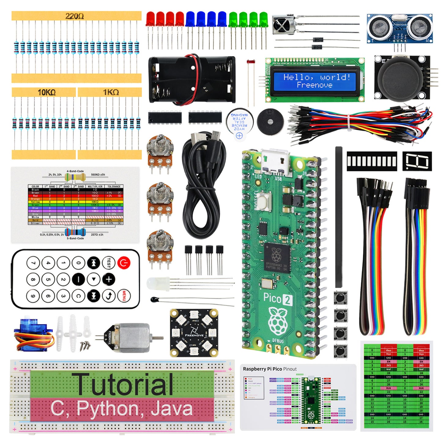 Freenove Super Starter Kit for Raspberry Pi Pico 1 2 W 2W, 3 Sets of Code Python C Java, 588-Page Detailed Tutorial, 94 Example Projects, 175 Items