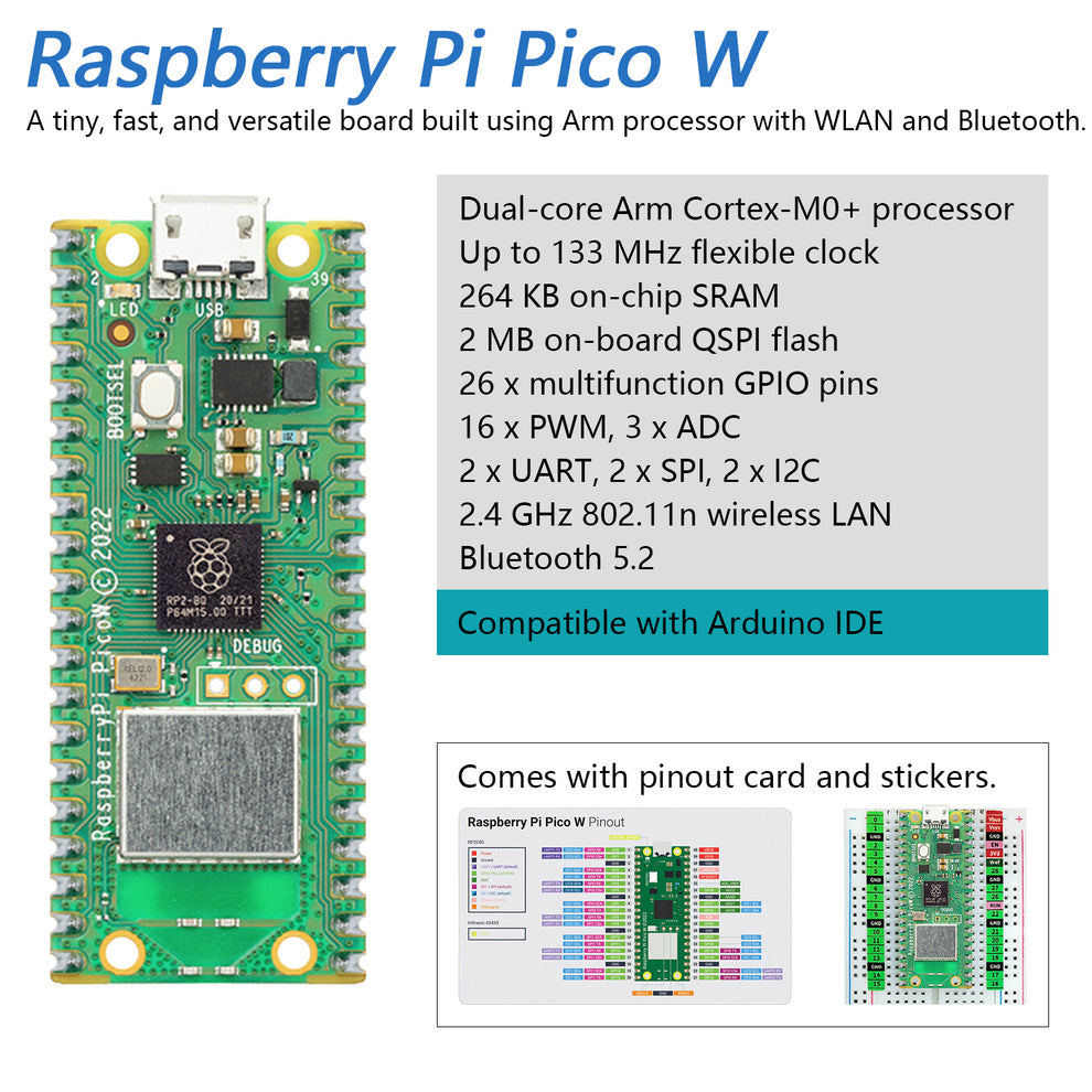 Freenove Raspberry Pi Pico 1 W H WH Board Pre-Soldered Header, Dual-co