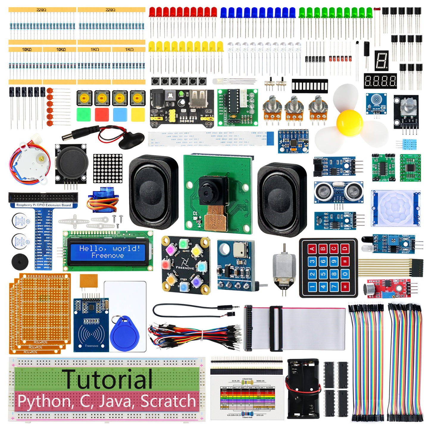 Freenove Complete Starter Kit for Raspberry Pi 5 4 B 3 B+ 500 Zero 2 W, 1170-Page Tutorial, Python C Java Scratch Processing Code, 386 Items, 164 Projects, Camera Speaker
