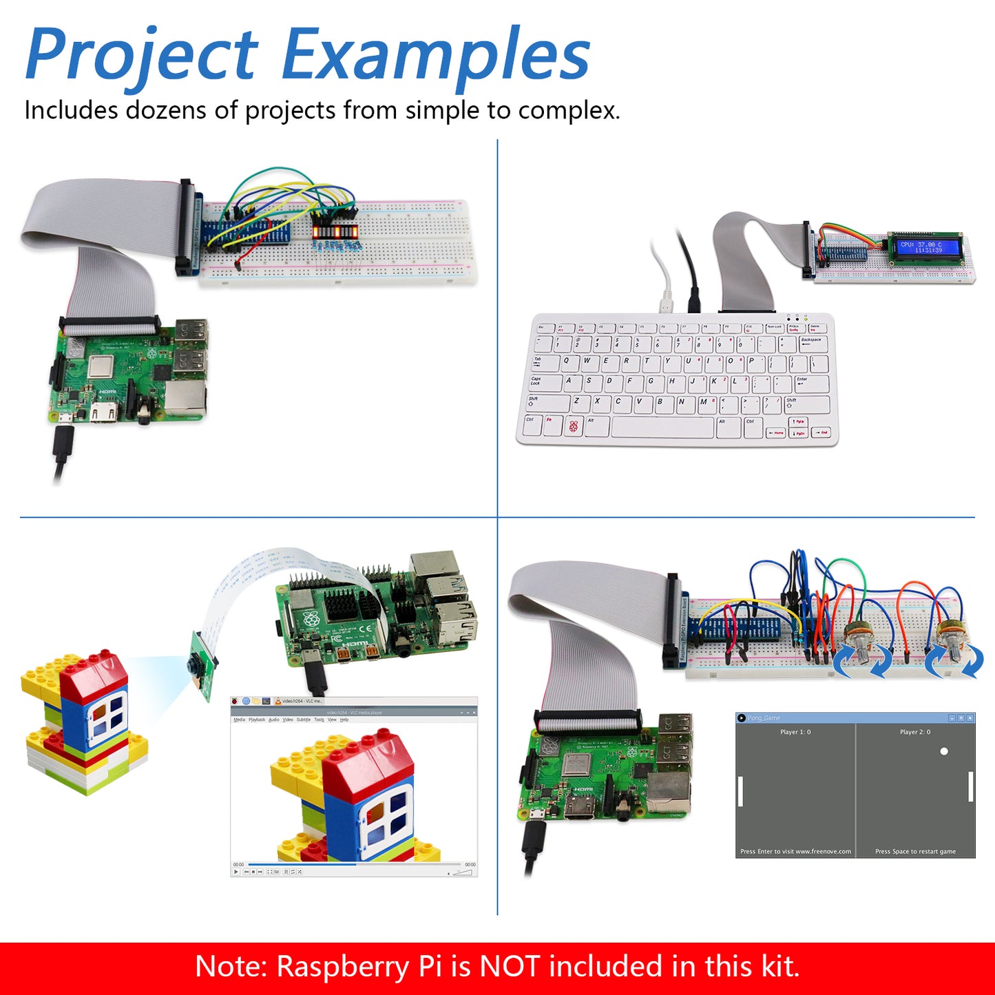 Freenove Complete Starter Kit for Raspberry Pi 5 4 B 3 B+ 500 Zero 2 W, 1170-Page Tutorial, Python C Java Scratch Processing Code, 386 Items, 164 Projects, Camera Speaker