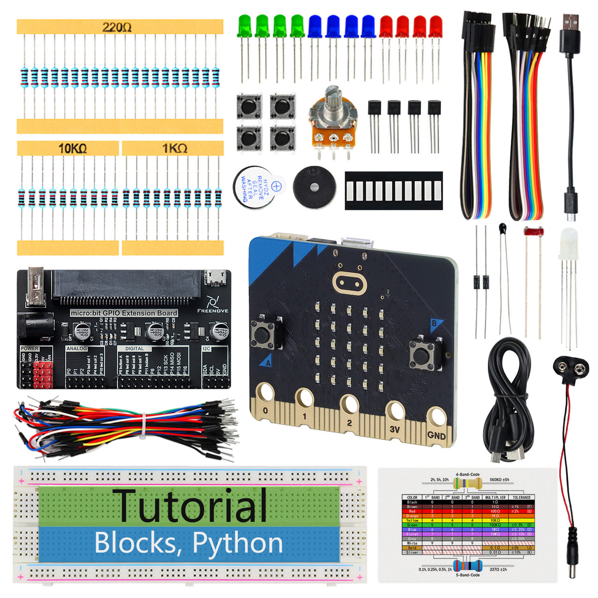 Freenove Basic Starter Kit for micro:bit V2, Blocks Visual Programming Language Code and Python Code, 179-Page Detailed Tutorial, 27 Projects, 162 Items