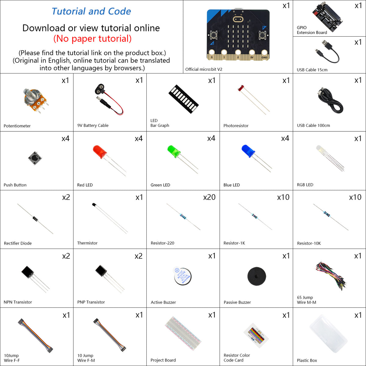 Freenove Basic Starter Kit for micro:bit V2, Blocks Visual Programming Language Code and Python Code, 179-Page Detailed Tutorial, 27 Projects, 162 Items
