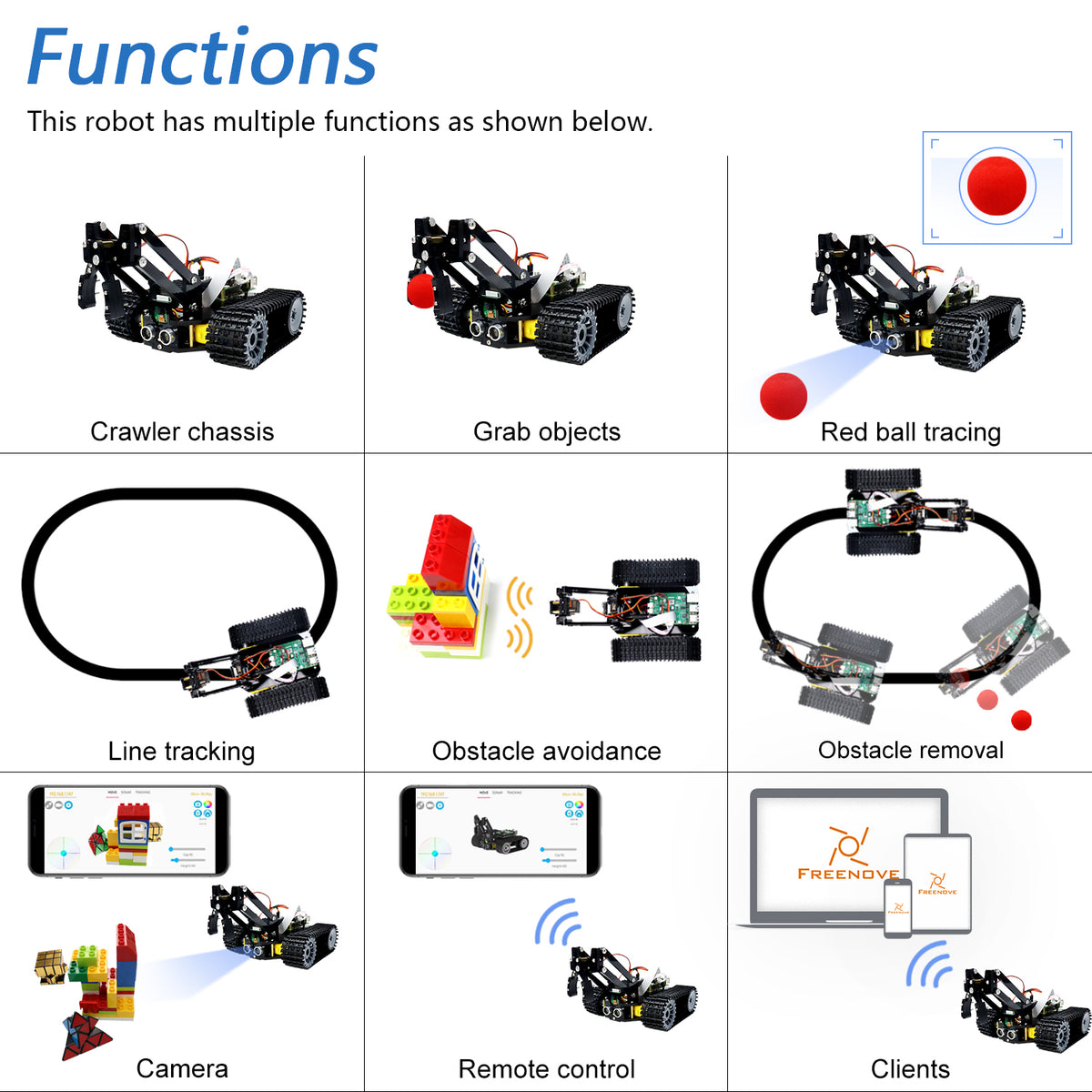Freenove Tank Robot Kit for Raspberry Pi 5 4 Zero 2 W, Crawler Chassis, Grab Objects, Ball Tracing, Line Tracking, Obstacle Avoidance, App Control, Camera, Servo