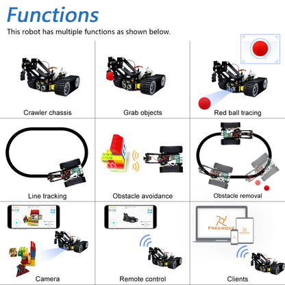 Freenove Tank Robot Kit for Raspberry Pi 5 4 Zero 2 W, Crawler Chassis, Grab Objects, Ball Tracing, Line Tracking, Obstacle Avoidance, App Control, Camera, Servo