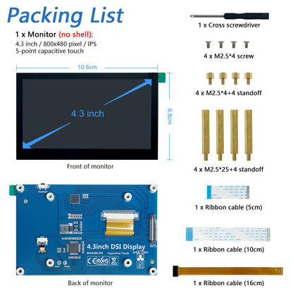 Freenove Touchscreen for Raspberry Pi 5 4 Screen Display Monitor 4.3 Inch IPS, 800x480 Pixel, 5-Point Capacitive Touch Screen, Driver-Free